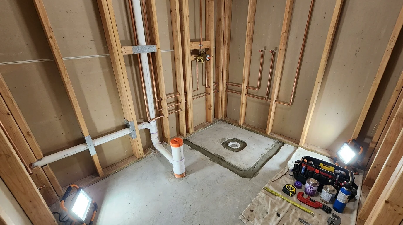 Bathroom rough-in plumbing during remodel by Johns Plumbing LLC in Sunset Beach
