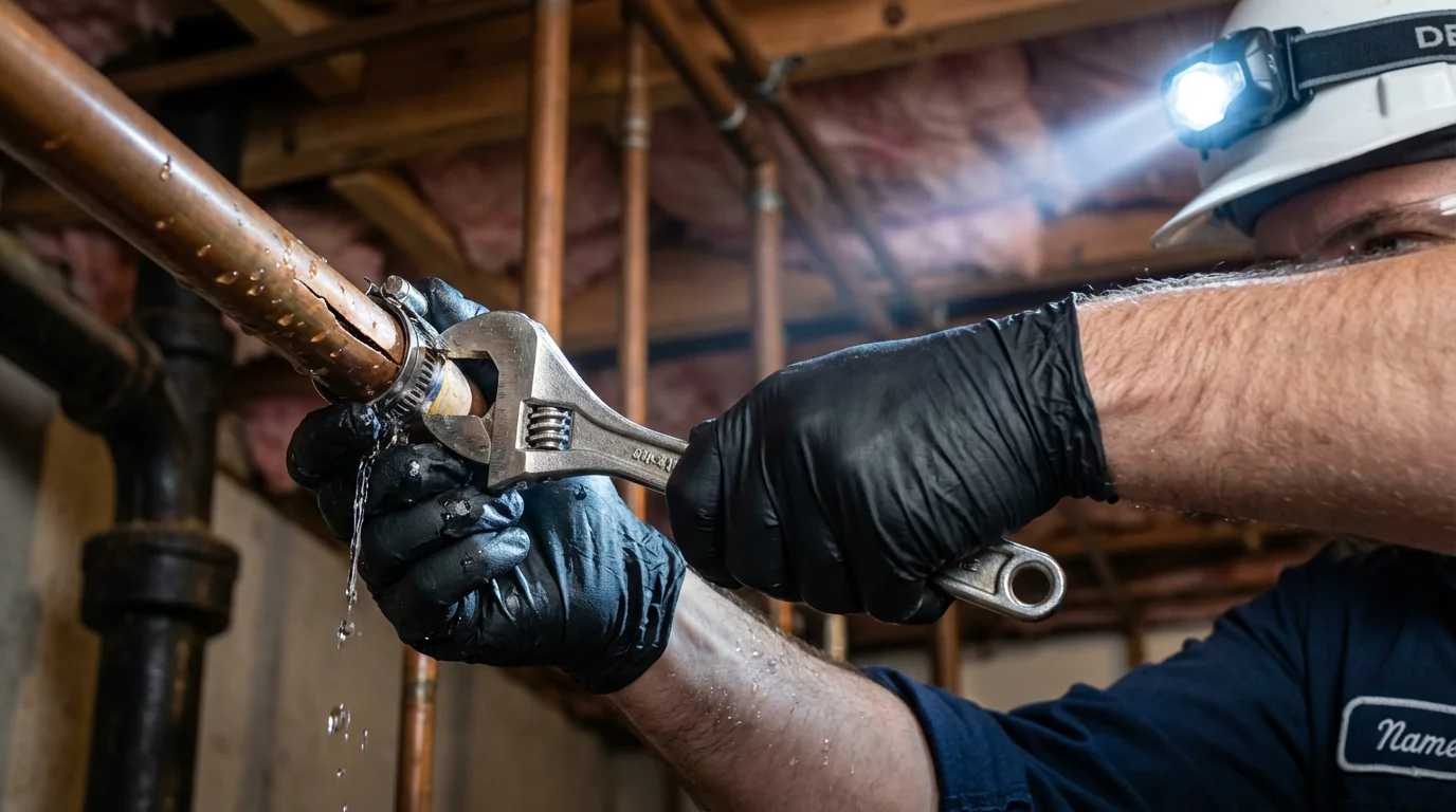 Emergency pipe clamp repair being performed by a Johns Plumbing LLC plumber in Sunset Beach