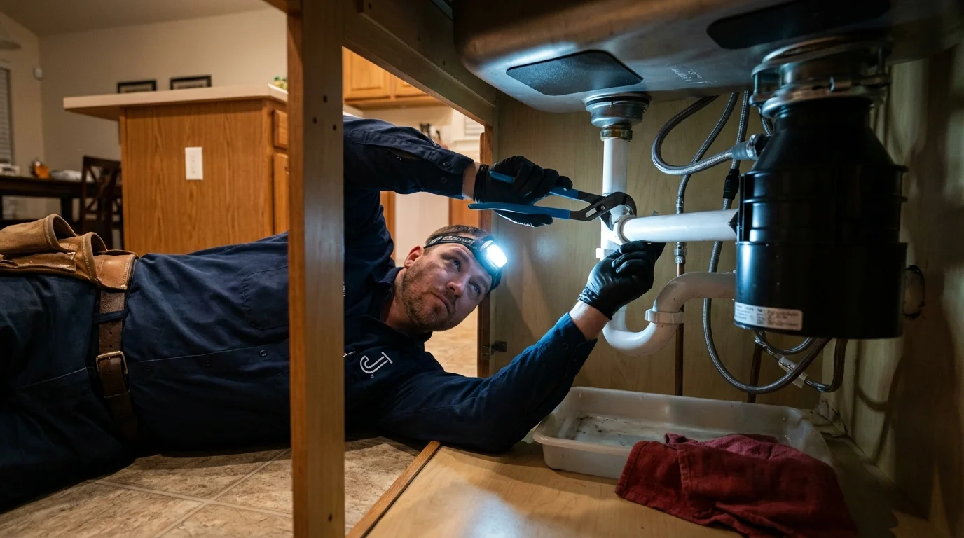 P-trap and supply line connections under a kitchen sink showing a common leak point in Sunset Beach, NC